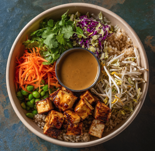 For Pros: Gut Balance Bowl with Chili Lime Tofu, Brown Rice, Roasted Cabbage, Shredded Carrots, Snap Peas, Fresh Ginger, Bean Sprouts, Cilantro, Peanut Lime Sauce