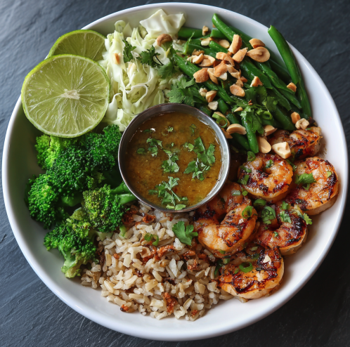 For Pros: Thai Citrus Bowl with Cilantro Lemon Shrimp, Brown Rice, Steamed Cabbage, Steamed Green Beans, Broccoli, Lime Wedges, Peanuts, Cilantro, Tom Kha Gai Soup