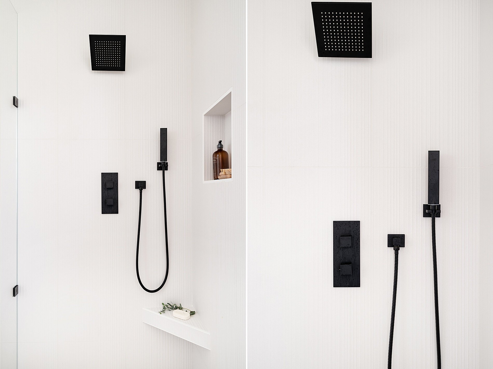  Modern walk-in shower with large-scale waby tiles and black fixtures 