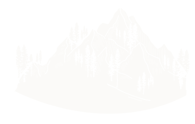 white illustration of a mountain setting with pine trees scattered around