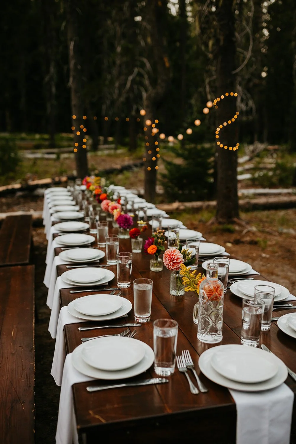 Long wooden dinner table set for an intimate outdoor reception beneath trees and string lights