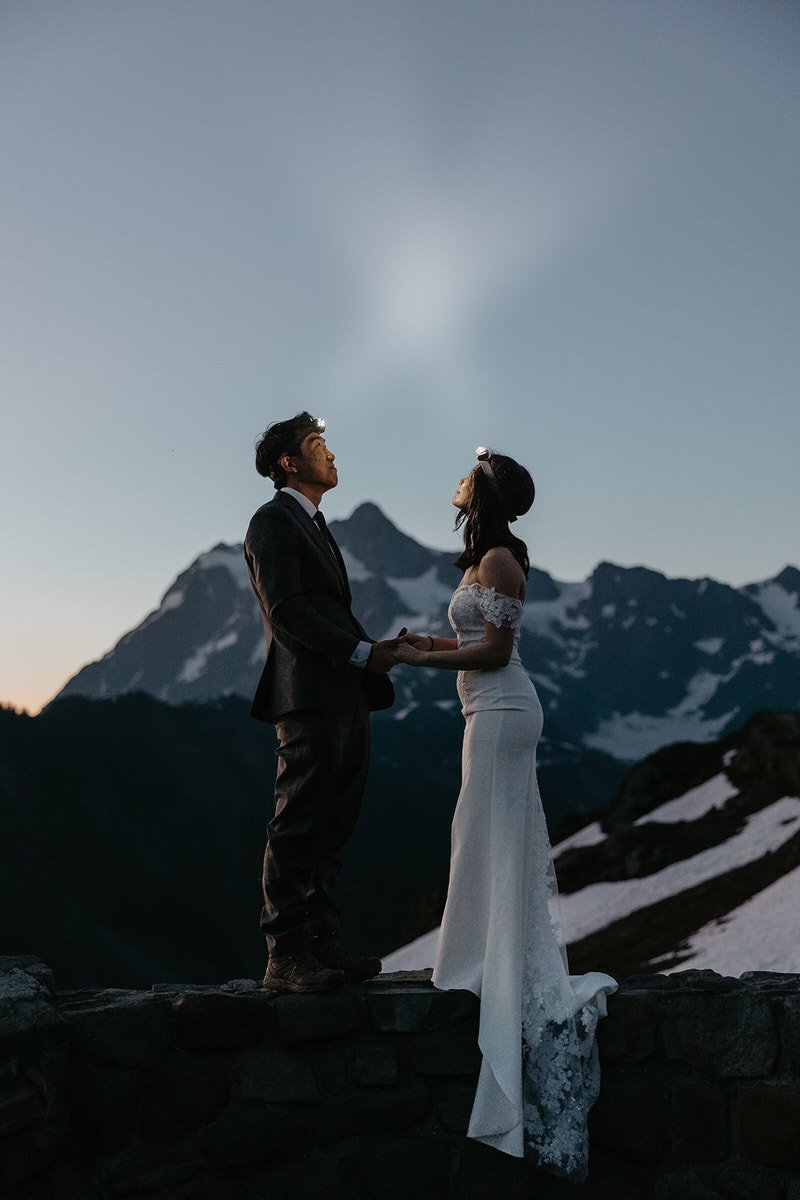 Couple holding hands at sunrise during a weekday elopement at Artist Point, silhouetted against the North Cascades mountains.jpg