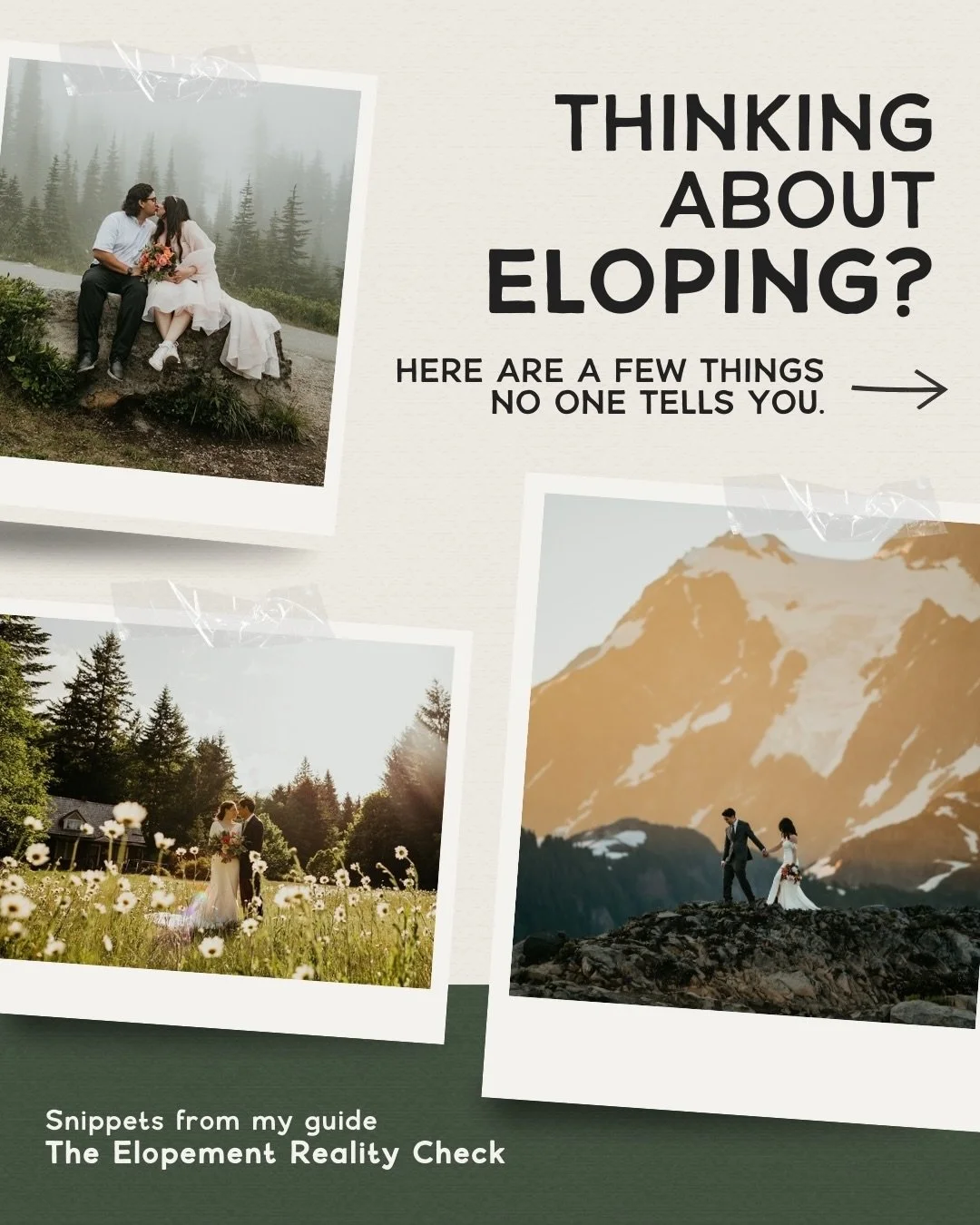 The internet has convinced a lot of people that eloping is the easy wedding option.

Two people 👯&zwj;♂️
+
A cool location 🏔️
+
Sunset ☀️
=
Elopement.

And honestly, sometimes it really IS that simple.

But a lotttttt of couples (I mean almost ever