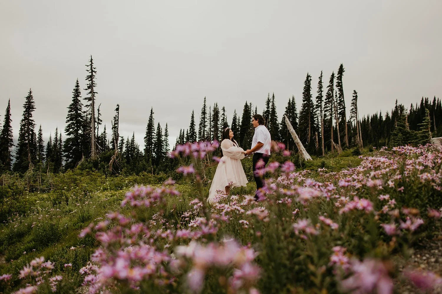A couple dressed in formal wedding attire standing in a field of pink flowers, holding hands and facing each other, with a forest of tall evergreen trees and a cloudy sky in the background.