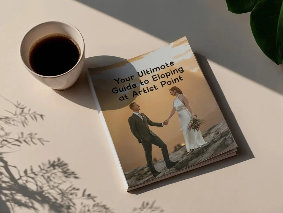 A book titled 'Your Ultimate Guide to Eloping at Artist Point' placed on a white surface next to a cup of black coffee and a green plant in the upper right corner.