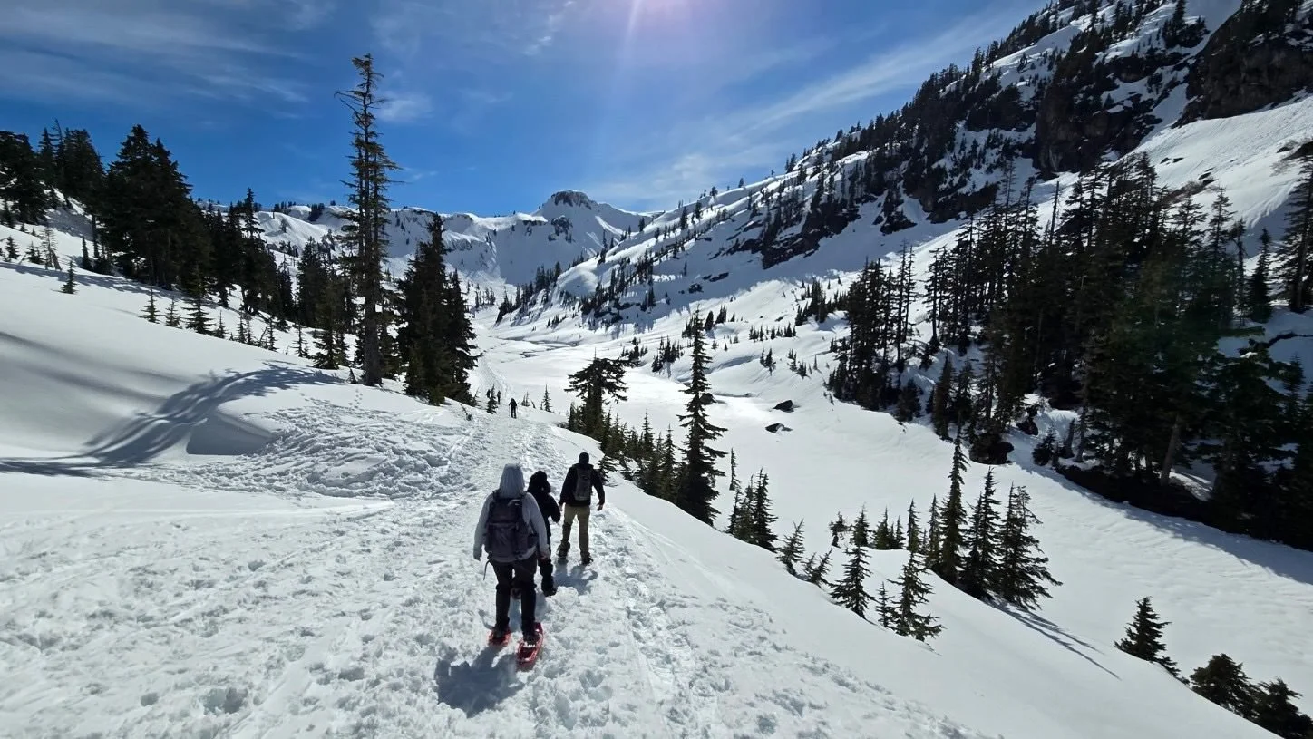 Small group snowshoeing through a snow-covered alpine valley on a clear bluebird winter day
