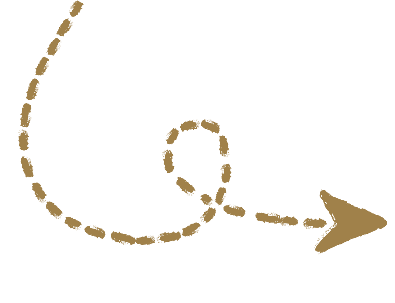 A dotted arrow pointing to the right, with a spiral loop in the middle, all in a brown color.