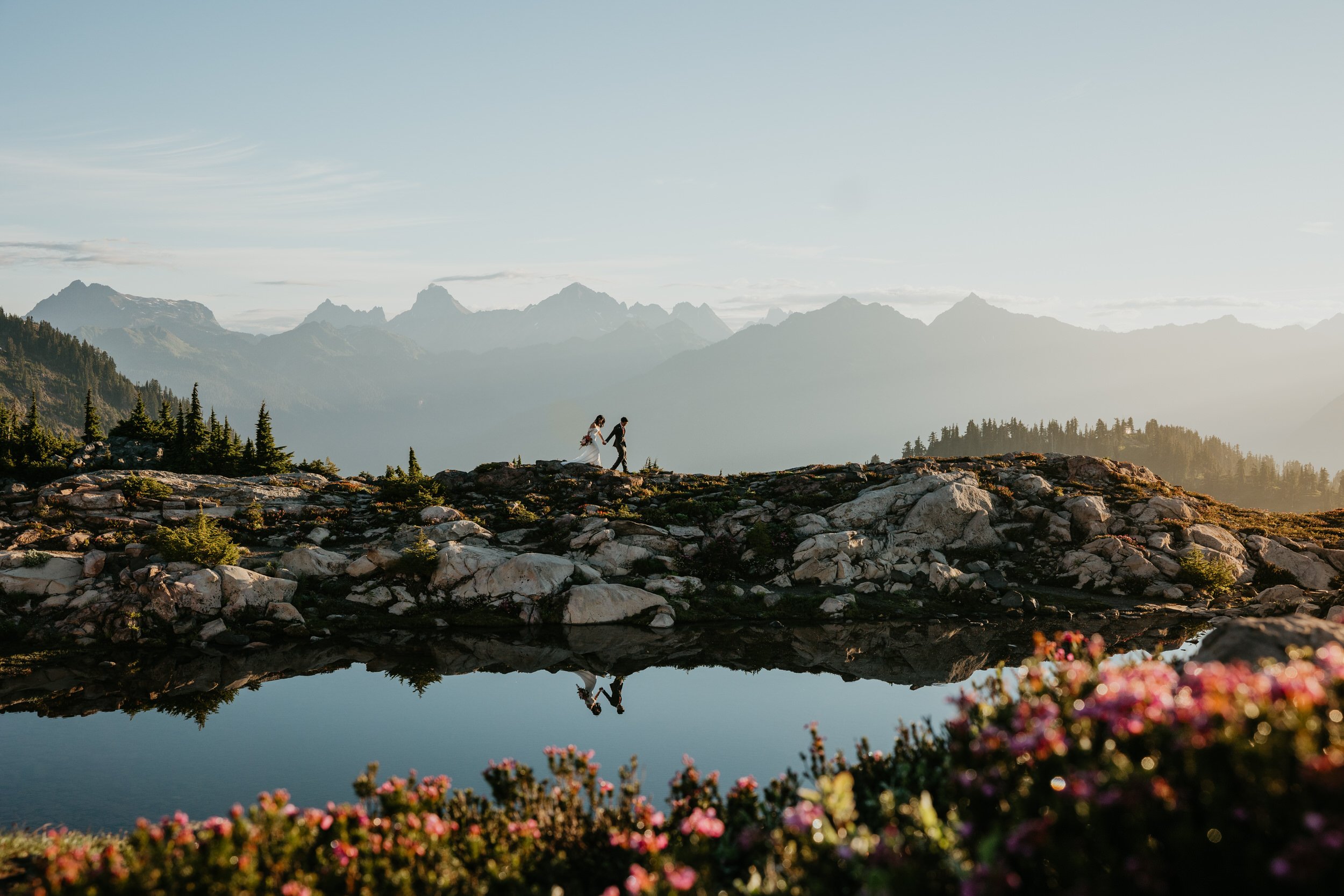 View of the Cascade range with blooming flowers, calm water, and mountain peaks in the distance.