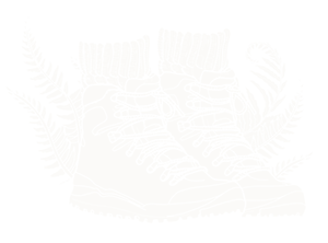 Black and white sketch of hiking boots surrounded by fern leaves.