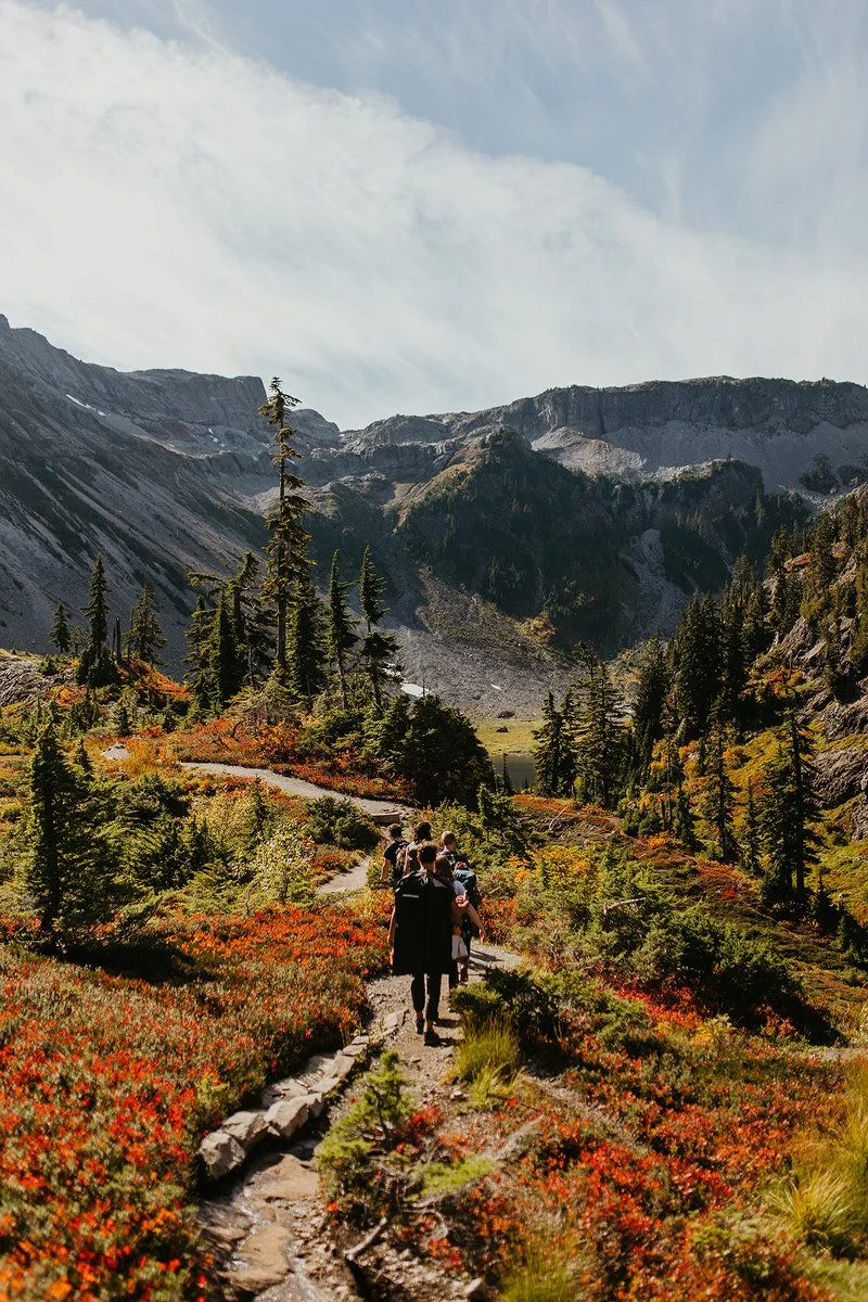 Small group hiking through vibrant fall foliage in the North Cascades during a Washington hiking elopement, surrounded by colorful alpine meadows and rugged peaks.
