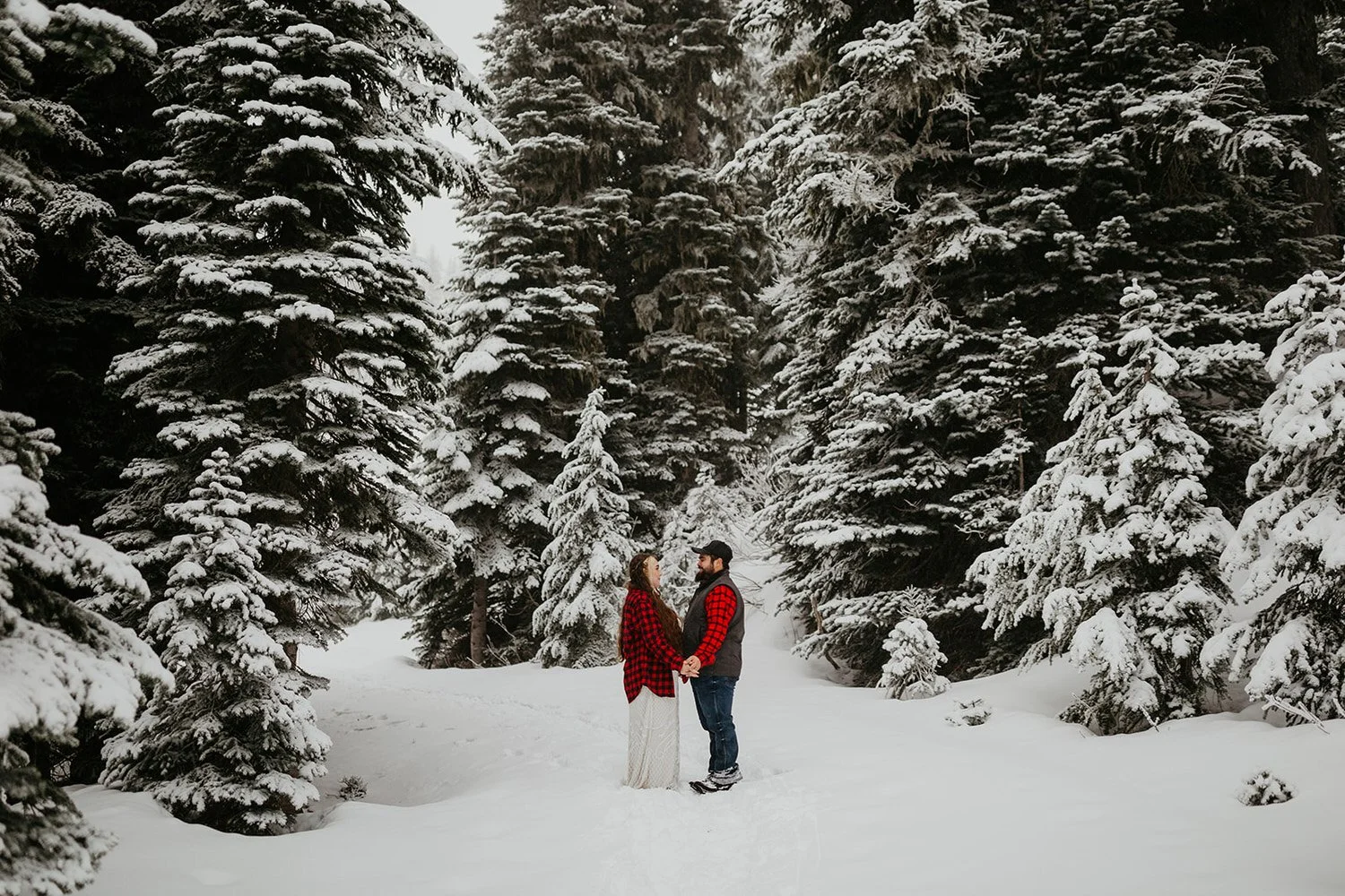 Couple holding hands in a snowy evergreen forest during a winter elopement, surrounded by snow covered fir trees and fresh powder