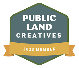 a green and gold badge reading public land creatives 2023 member in white text