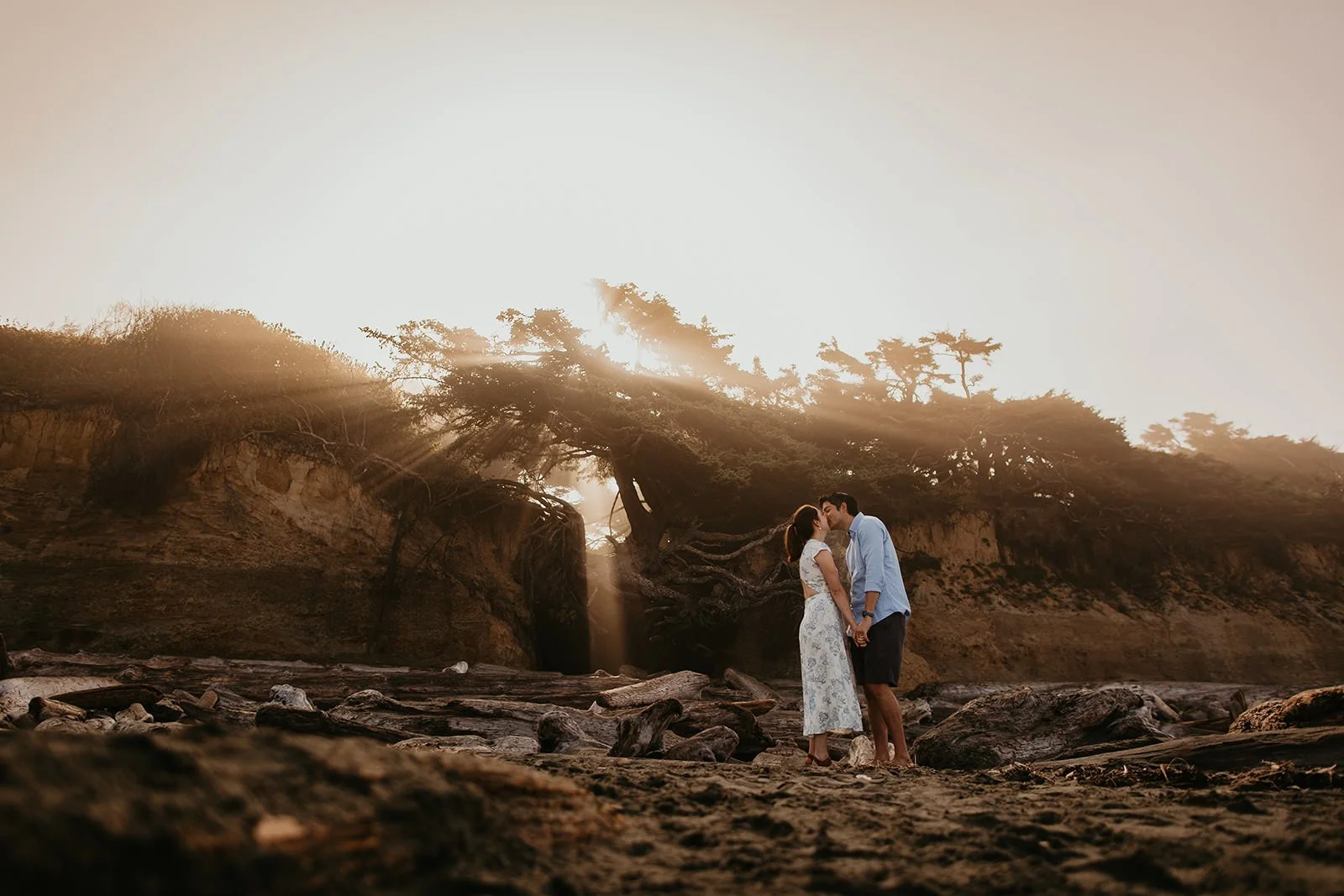 Couple holding hands on a driftwood-strewn beach, dramatic coastal cliffs and the Tree of Life behind them at golden hour.