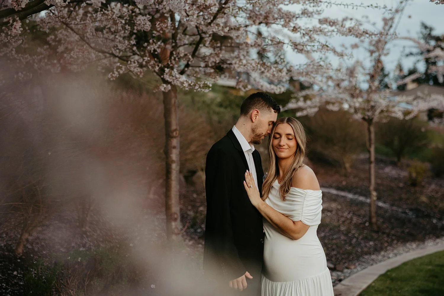 Couple kissing under blooming cherry blossom trees with soft pink petals overhead; man in dark suit, woman in flowing white dress