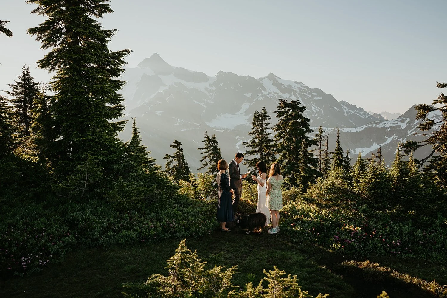 Small outdoor elopement ceremony in the North Cascades with mountain views and family gathered around the couple