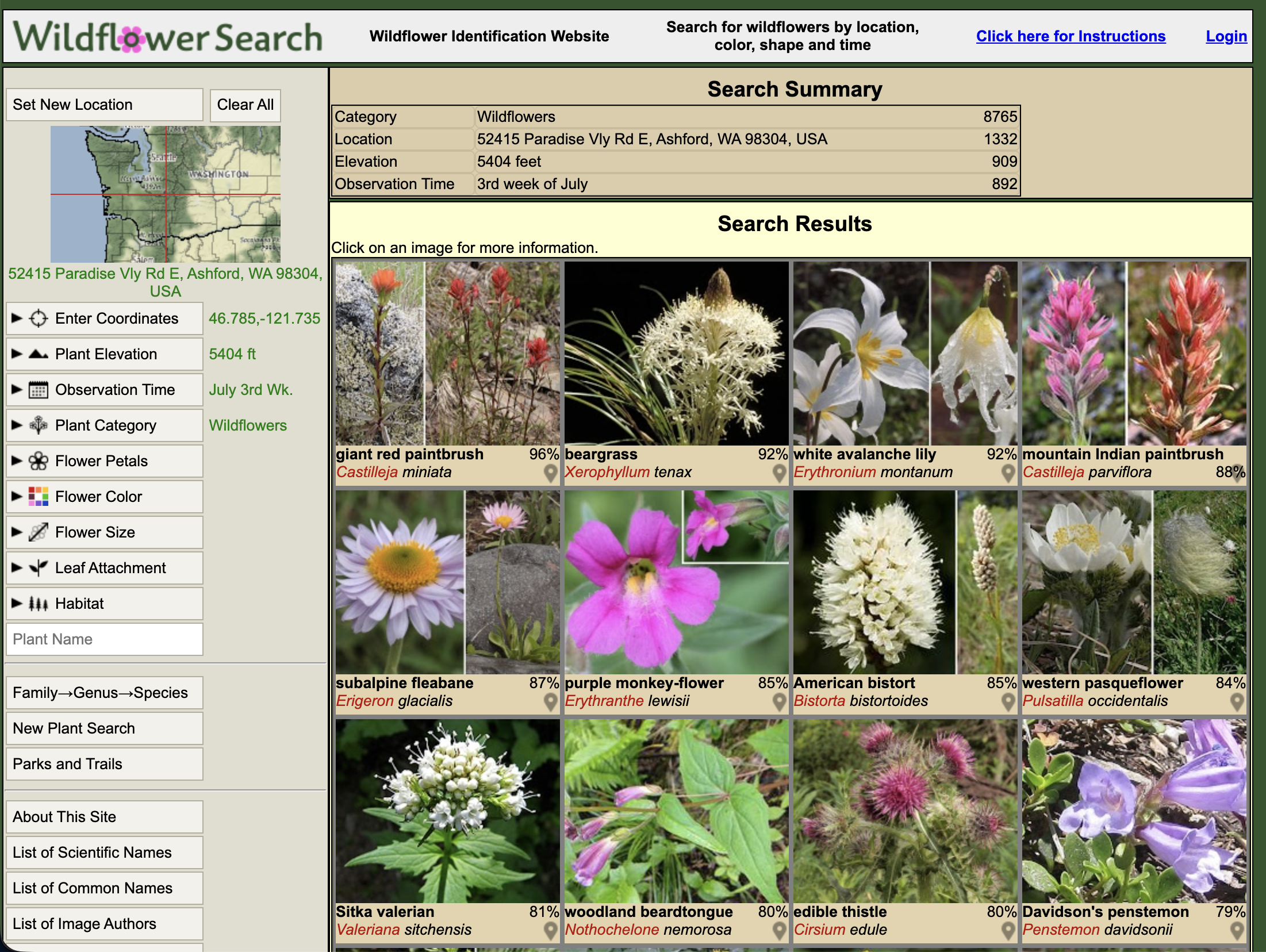 screenshot of wildflowersearch.org