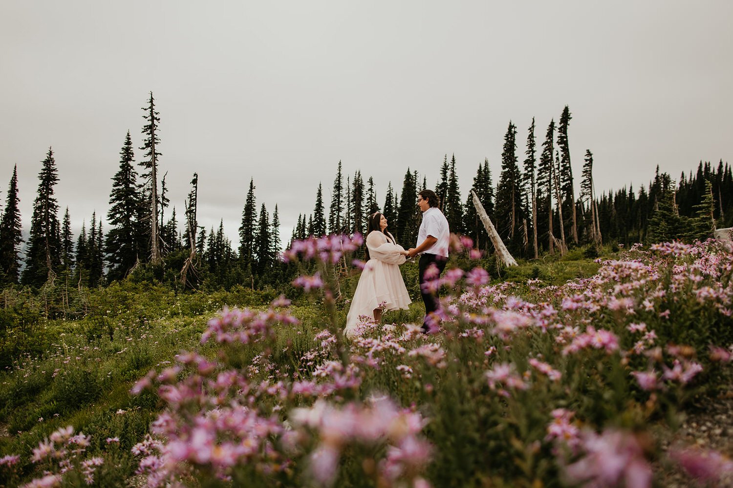 Couple holding hands in a quiet wildflower meadow during a peaceful Washington weekday elopement