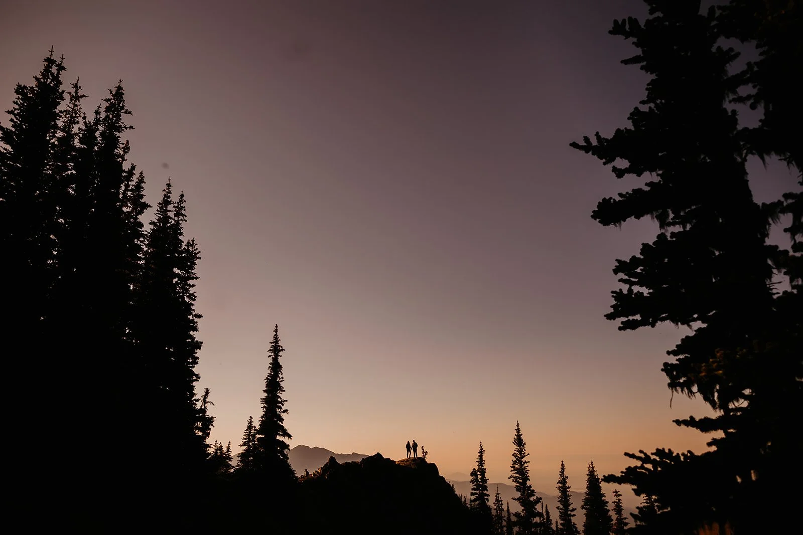 Silhouetted couple standing on a mountain ridge at dusk during a Washington elopement, framed by evergreen trees and a colorful twilight sky.