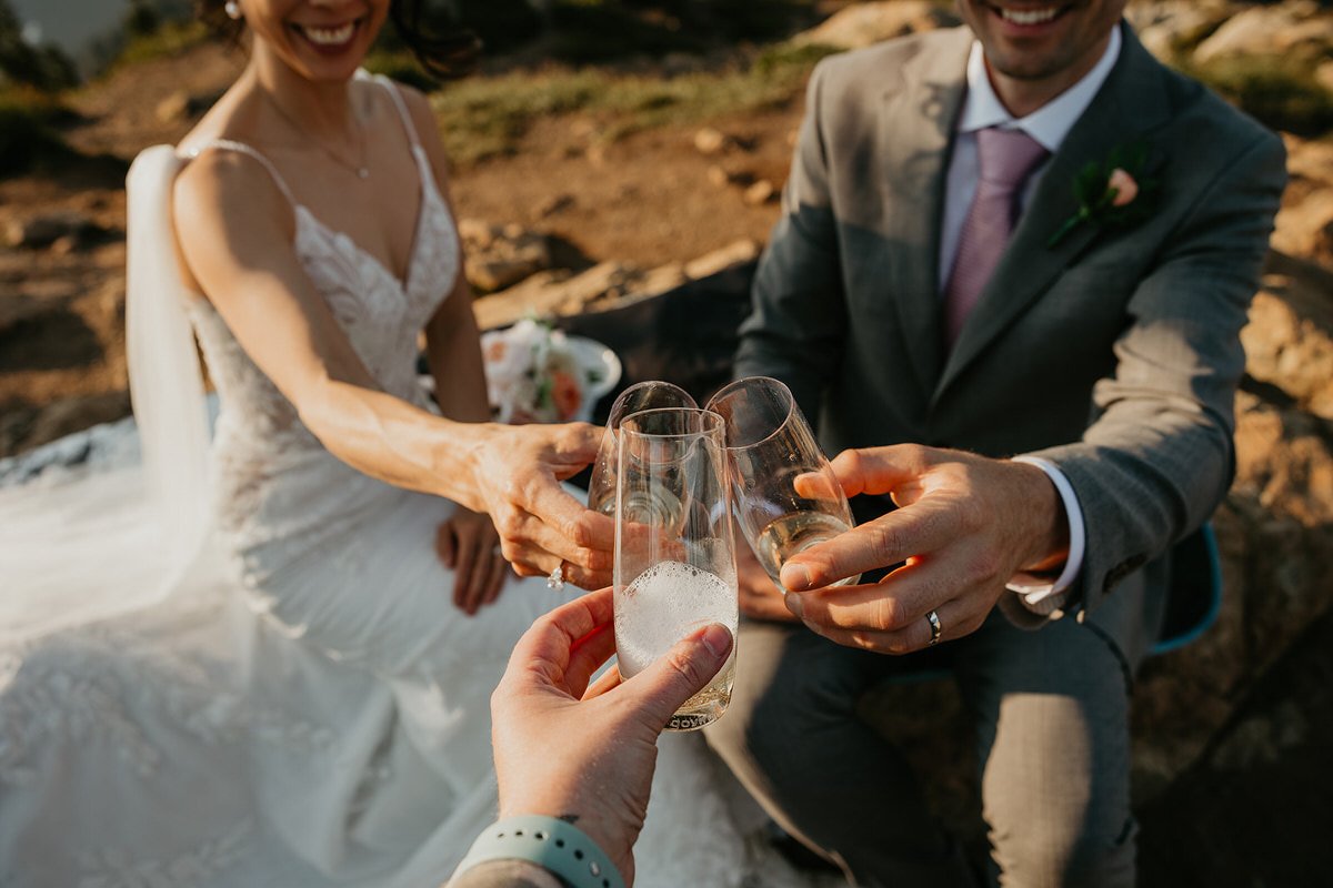 Bride and groom clinking champagne glasses during an outdoor celebration, hands and wedding rings visible in the foreground.
