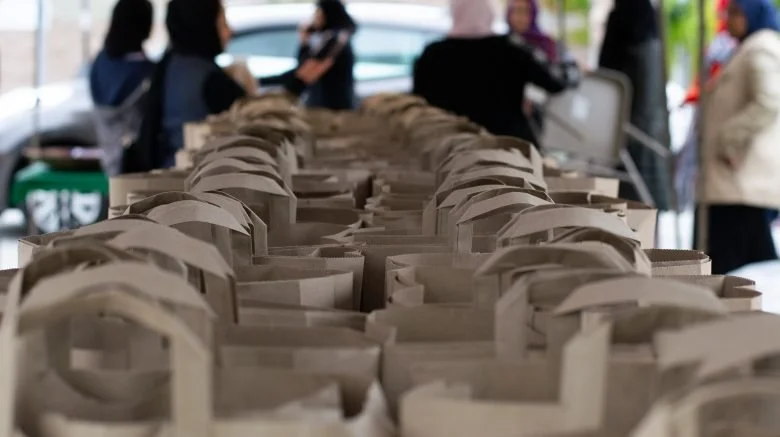 Bags of groceries packed for a Salaam Food Pantry distribution
