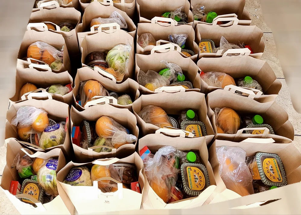 Rows of packed emergency food bags ready to go out