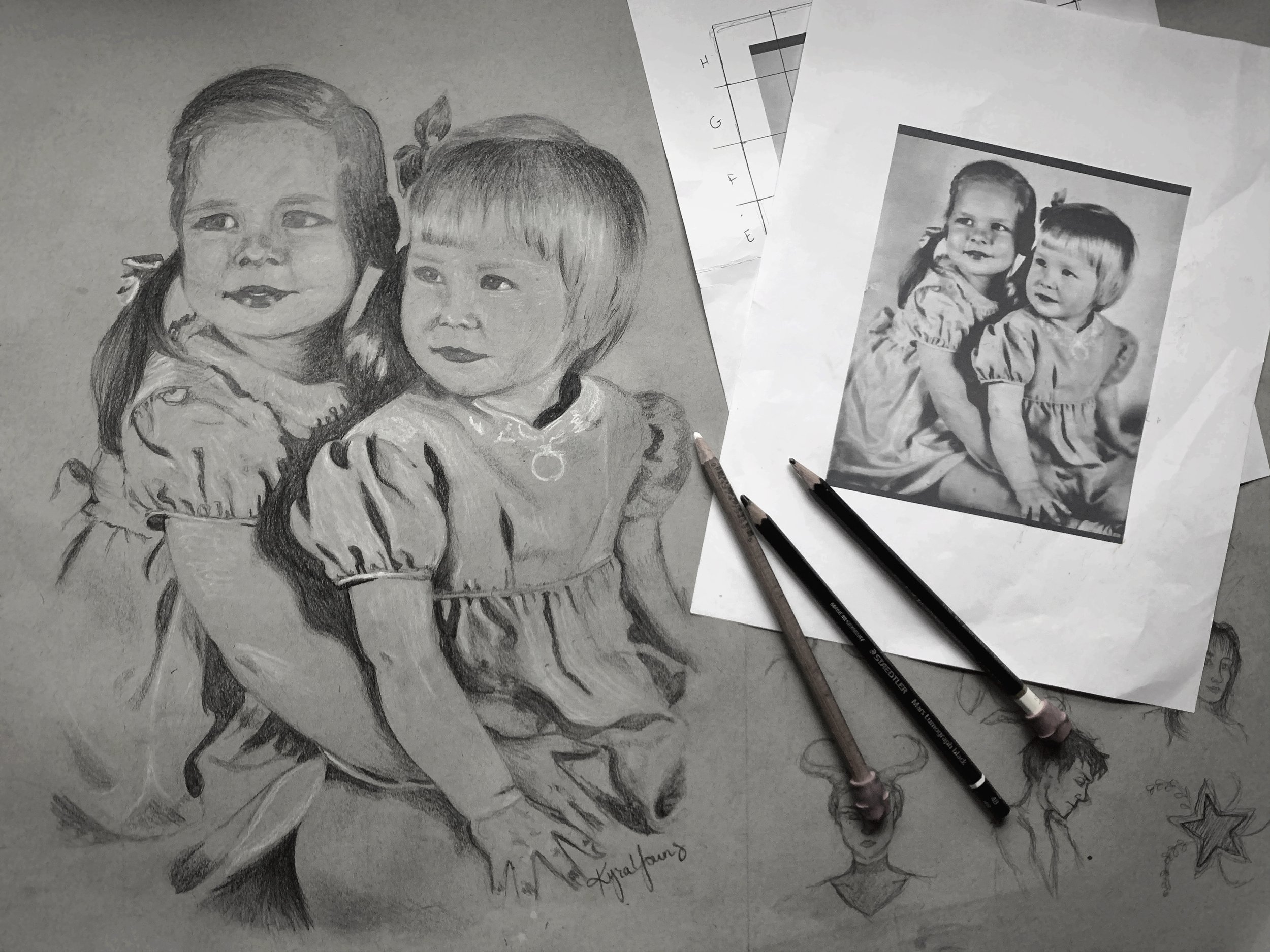 For Emilie and her family, in graphite and white chalk on gray toned paper. 2022