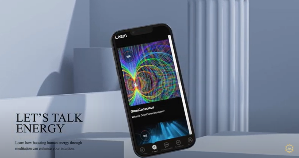 Smartphone displaying colorful energy pattern on screen, with text "Let's Talk Energy" beside it, set against a gray background with pillars and shadows.