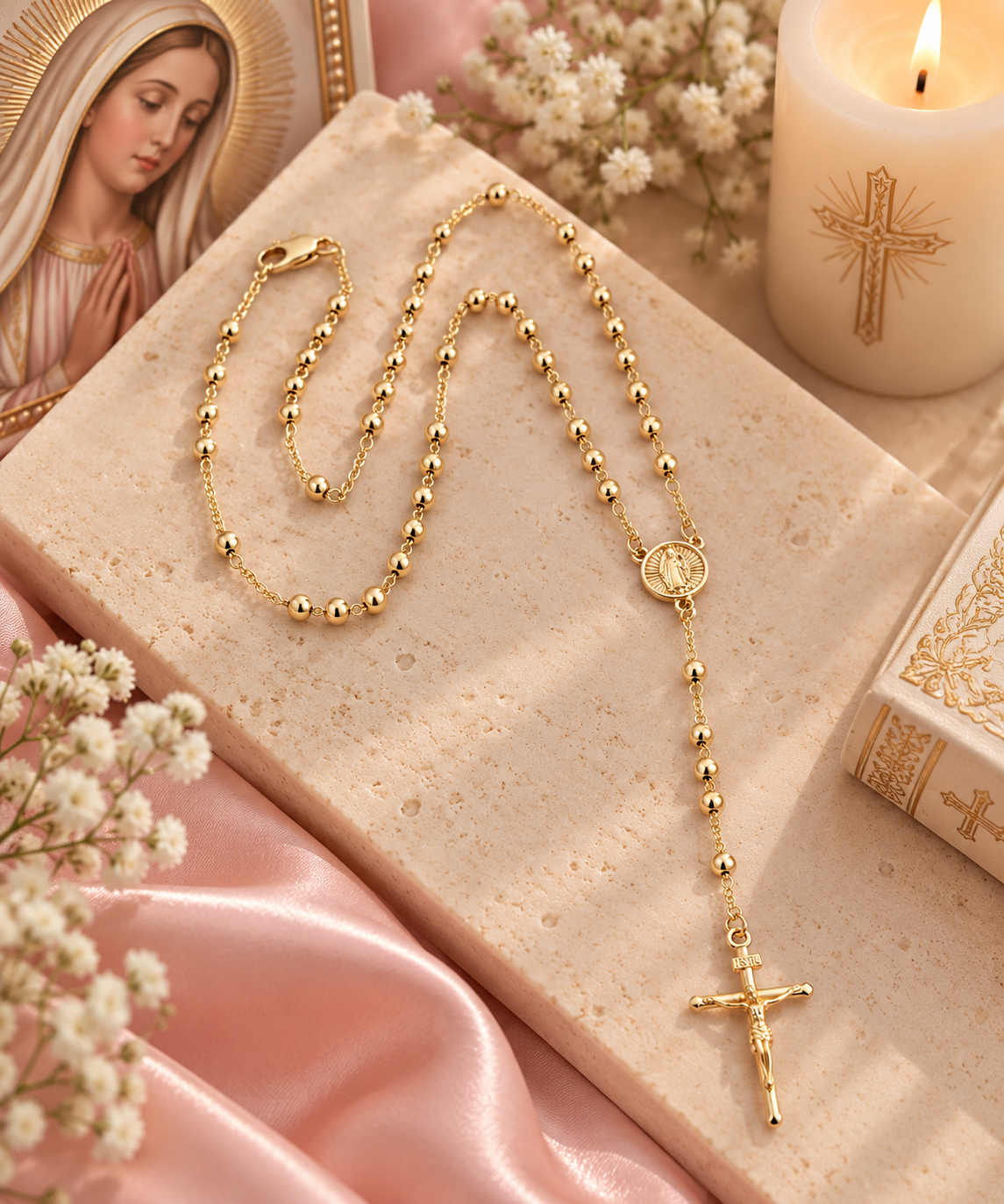 Our Lady Gold Rosary Necklace