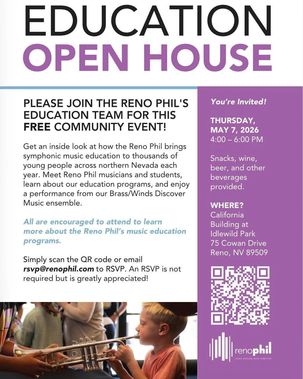 Every year, the Reno Phil brings music education to thousands of young people across northern Nevada.

Want to see how it all comes together?

Join us Thursday for our Education Open House. Meet the team, experience the programs, and hear our student