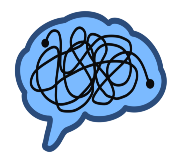 Illustration of a speech bubble resembling a brain with a tangled black line inside representing confusion or tangled thoughts.