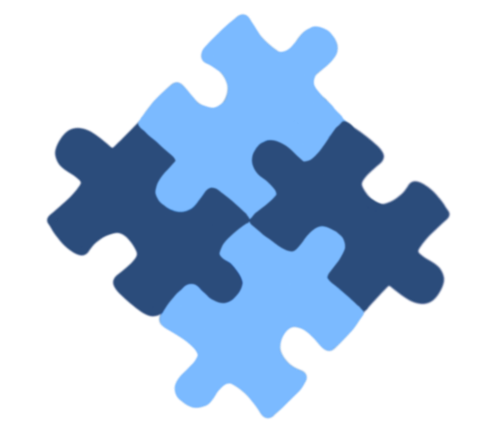 Four jigsaw puzzle pieces connected in a diamond shape, with a blue, red, and black background.