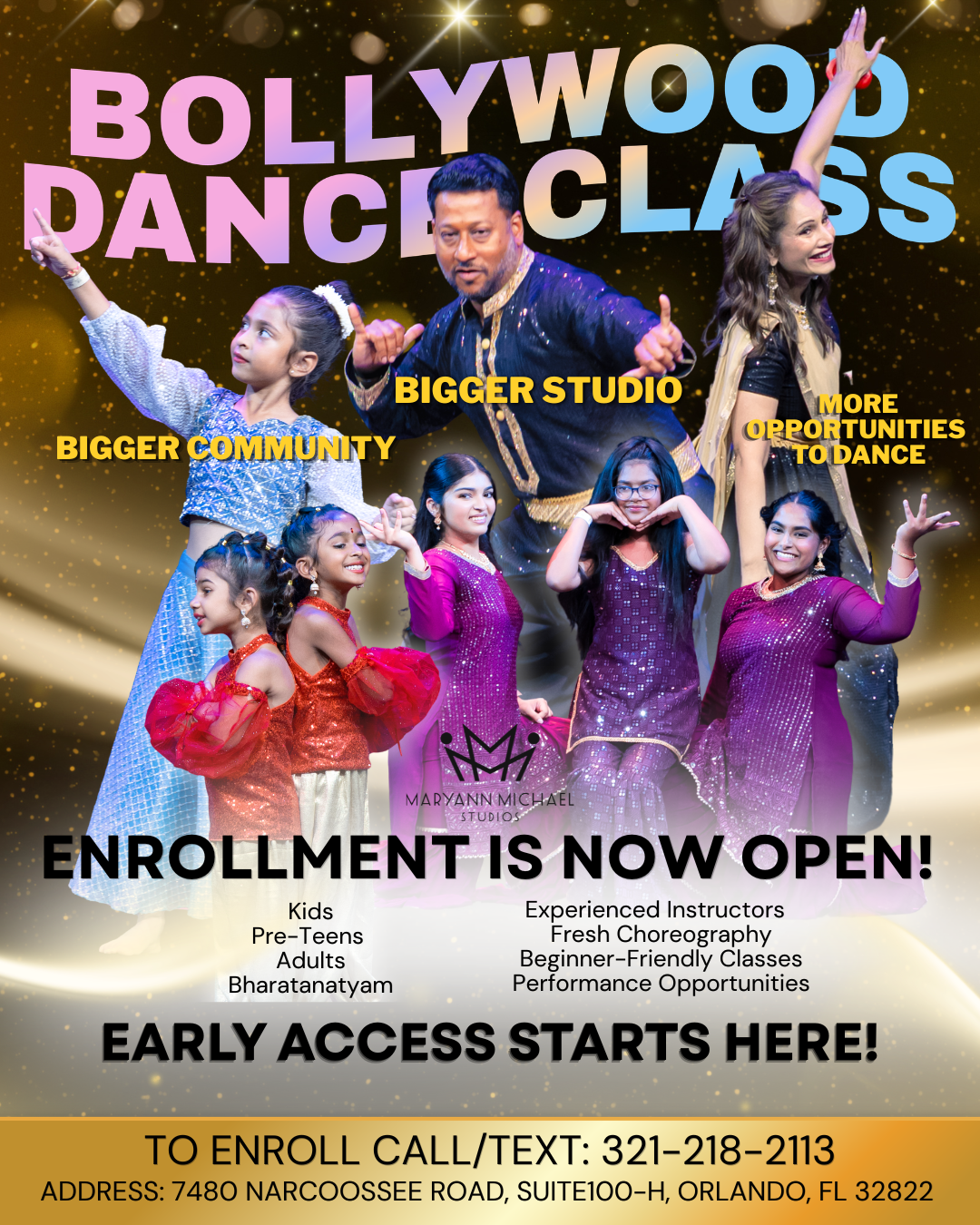 Promotional poster for Bollywood dance classes featuring children and adults in colorful traditional attire, with text highlighting enrollment details, community benefits, and instruction qualities.
