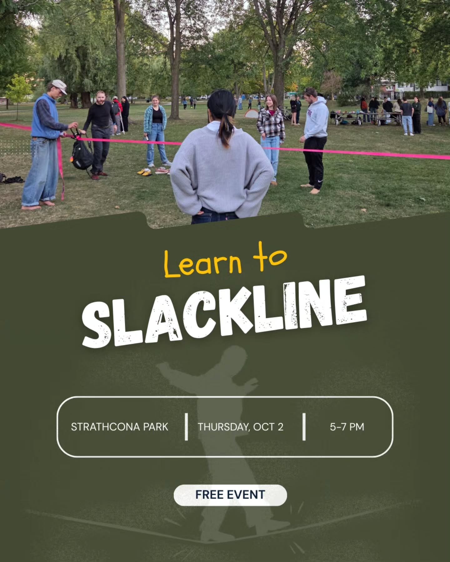 Come bond over struggling to stand! 🤸

One of UOOC's very own members is setting up their lines free of charge - so just bring your awesome self and a good dose of determination to this event!

📍Strathcona Park
🗓Thursday, October 2nd
⏰️5-7PM