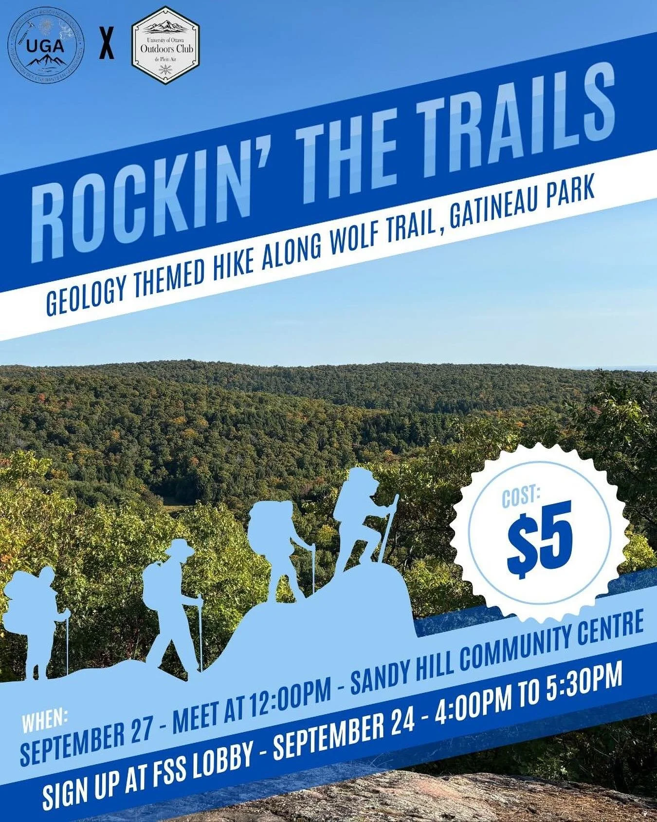 The Outdoors Club and the Undergraduate Geoscience Association have teamed up to bring you a geology-themed hike!

When: 12-5pm Saturday Sept. 27
Where: Wolf Trail (8.4km), Gatineau Park

$5 per person. The sign ups will be in FSS lobby near the plan
