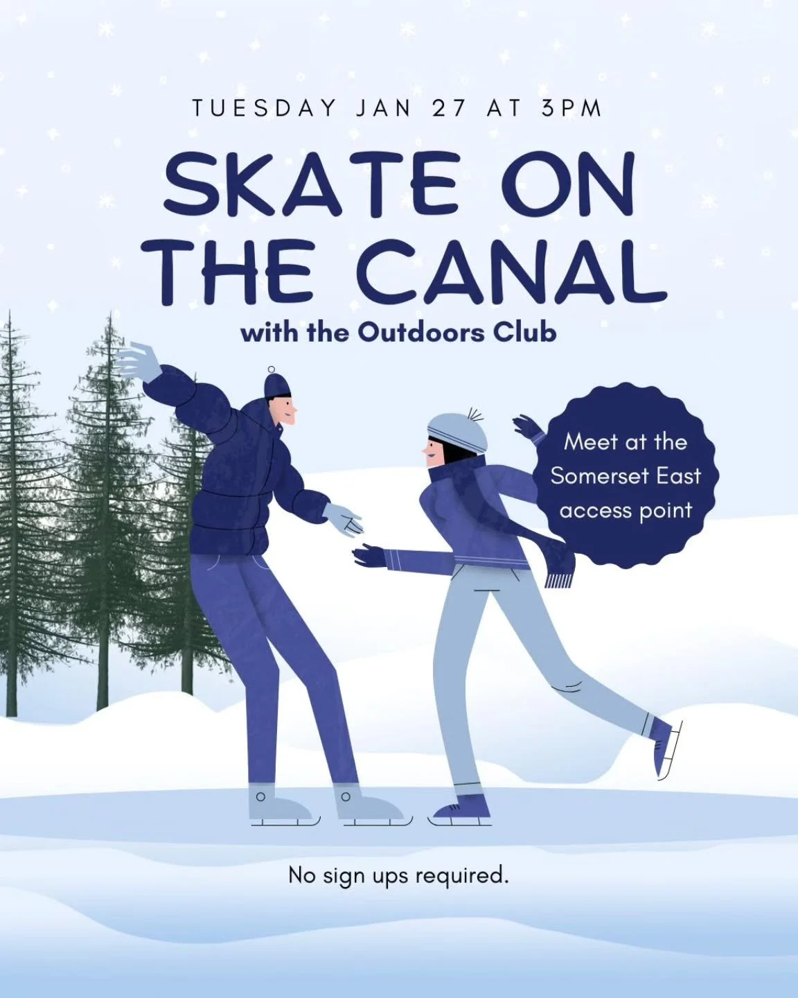 Join us for a Tuesday afternoon skate! ⛸️

📍Meet at Somerset East access point (right across from the uOttawa otrain stop). We will be leaving at 3pm and skating the entire canal. Join us for as far as you would like.

🧤 Dress warmly! You can bring