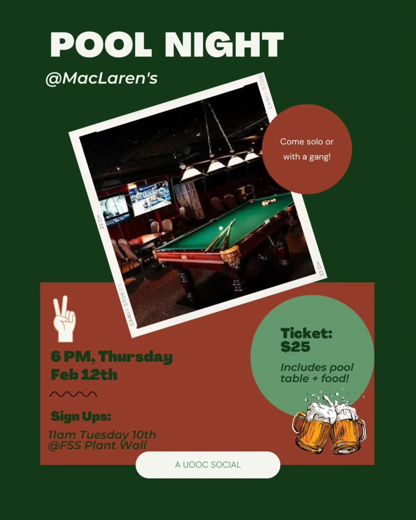 Chalked up to be a good night! 🎱

🕕 When: Thursday, Feb 12 @ 6pm
📍Where: LacLaren's (301 Elgin St)

🎟 Tickets: $25 - includes pool table &amp; food
🍕 Menu: pizza, nachos, spinach dip, veg platter

Sign Ups: 11am Tuesday (Feb10) by FSS Plant Wall