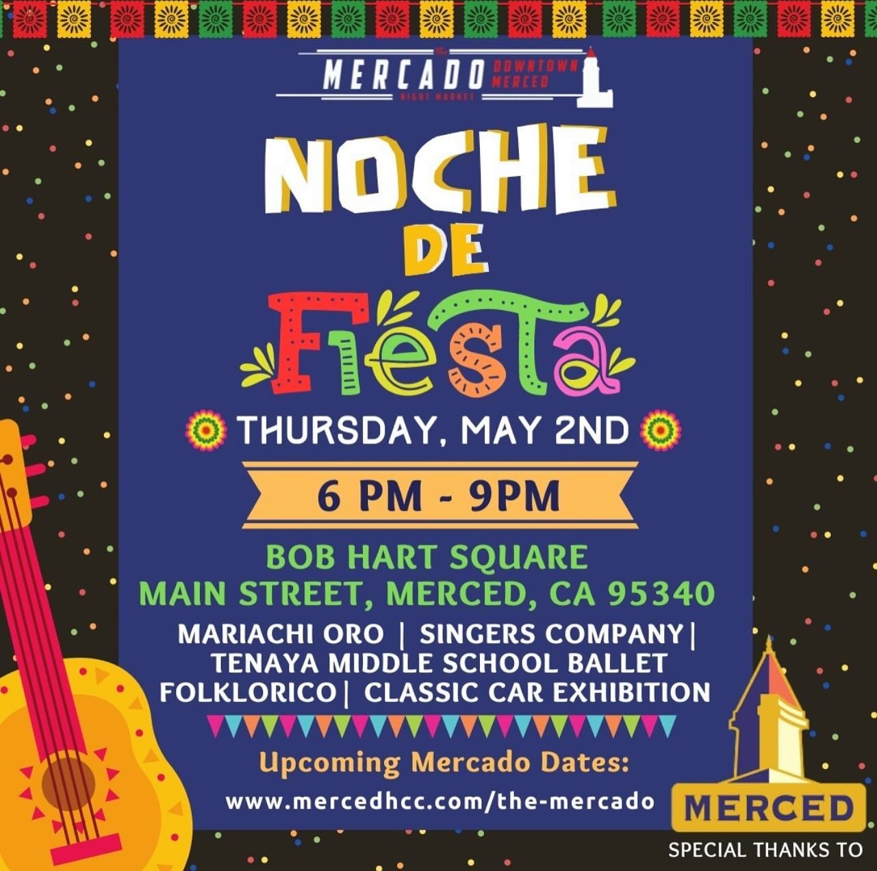 This evening come on down to Main Street and enjoy the Mercado&rsquo;s Noche de Fiesta 🎉, full of music and live performances from 6PM to 9 PM!!
Support local small businesses and vendors; you&rsquo;ll find something for everyone, from snacks to app