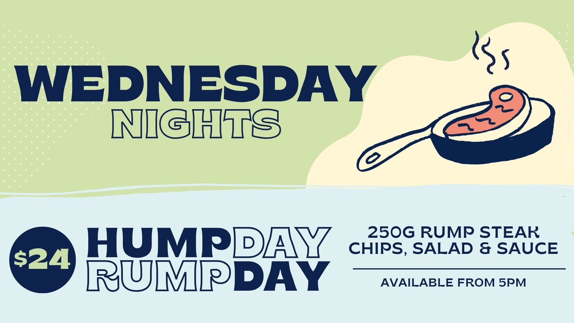 A promotional graphic for Wednesday nights featuring a cartoon sizzling steak in a pan, with text promoting 'Hump Day Rump Day' for a meal including 250 grams of rump steak, chips, salad, and sauce, available from 5 pm for $24.