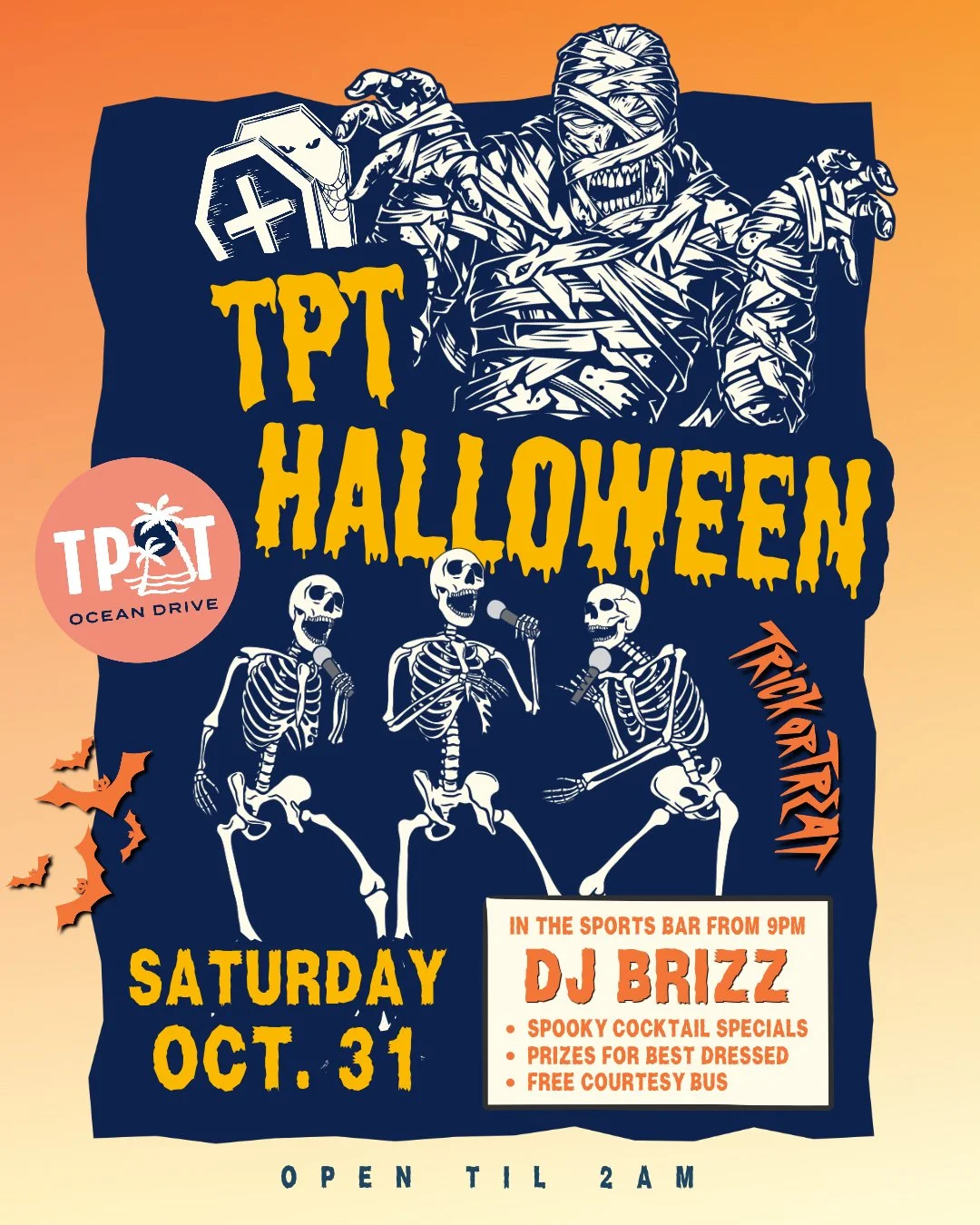 🎃 HALLOWEEN AT TPT! 👻

We&rsquo;re taking over the Sports Bar Saturday 31 October from 9pm! DJ Brizz, Halloween cocktails and prizes for the best dressed.

Get your costume sorted, grab your mates and make a night of it. Free courtesy bus running a