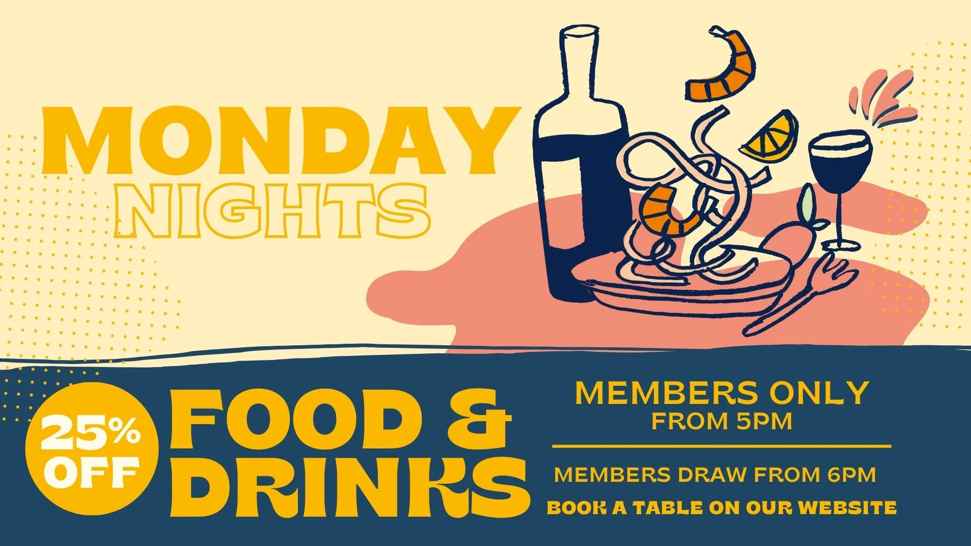 Illustration for Monday Night Food and Drinks event with a wine glass, bottle, fork, knife, lemon slices, shrimp, and a plate of food.