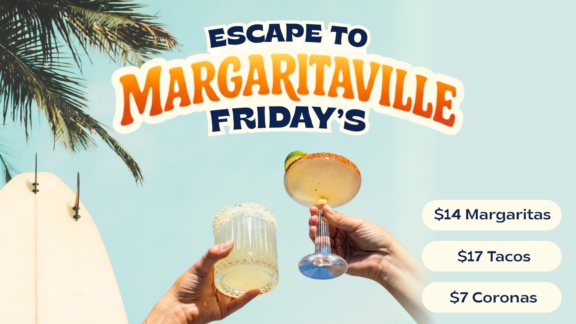 Fiesta-themed advertisement for Friday special food and drinks starting at 5:30 PM, featuring Mexican dishes like burrito bowls, tacos, nachos, margaritas, and coronas, with colorful illustrations of a sombrero, avocado, taco, beer, and lemon wedge.