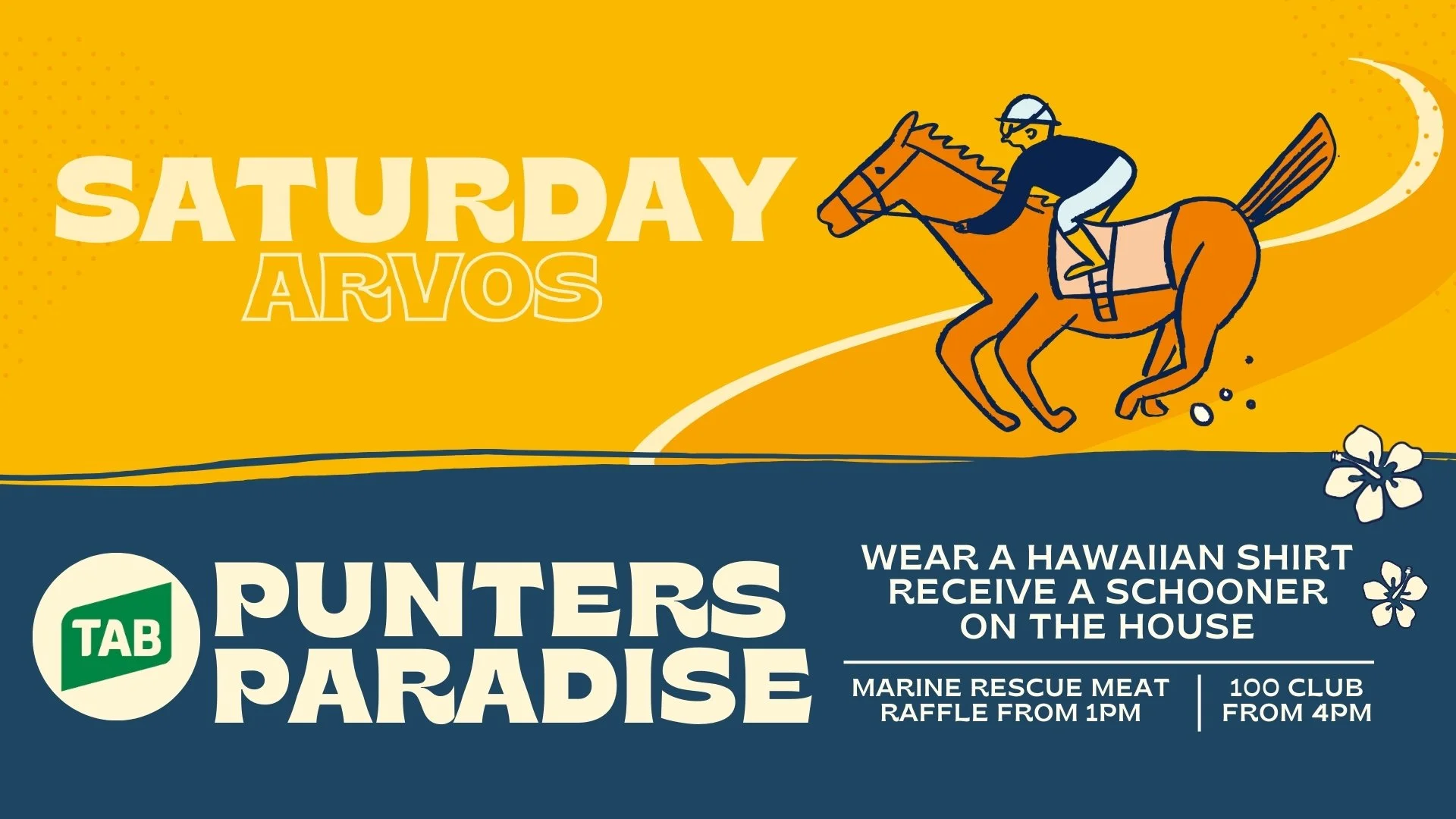 Illustration of a jockey riding a horse with event details for a Saturday event, including a Hawaiian shirt contest, marine rescue meat raffle, and a 100 club from 4 PM. Green and yellow background with text and tropical flowers.