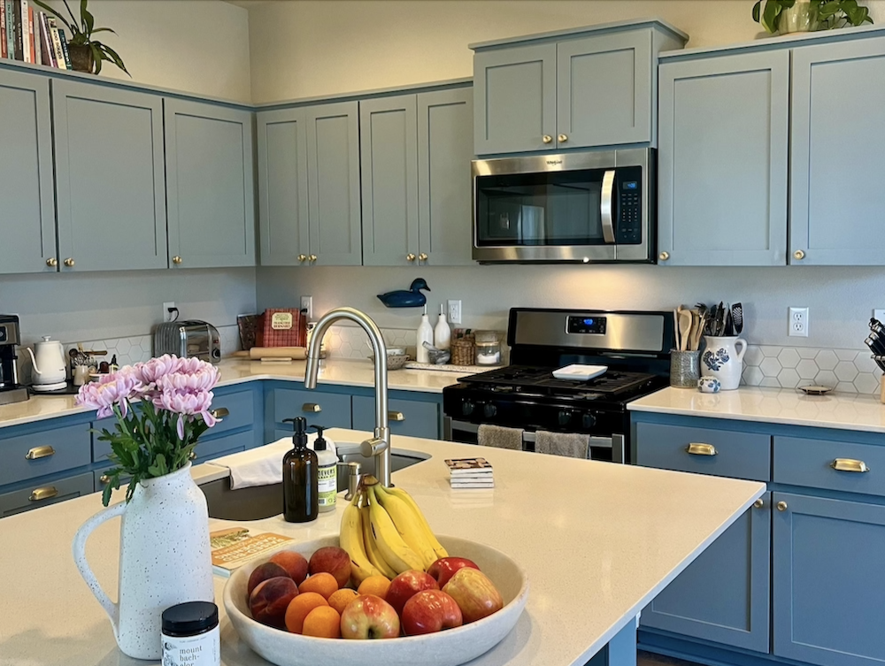 Blue painted kitchen cabinets in Bend