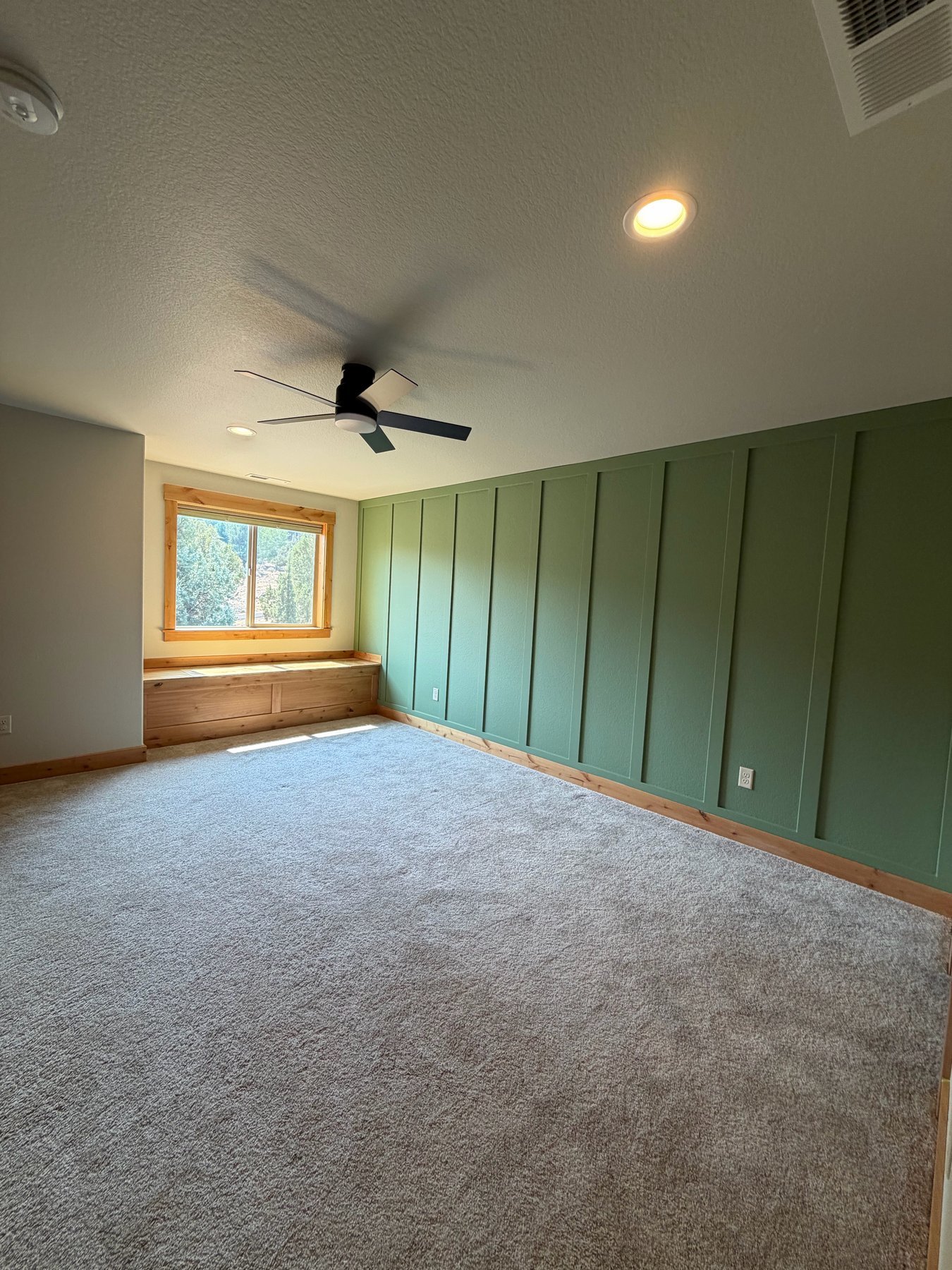 Leaflet green bedroom accent wall with board and batten in an Eaglecrest home interior painting project