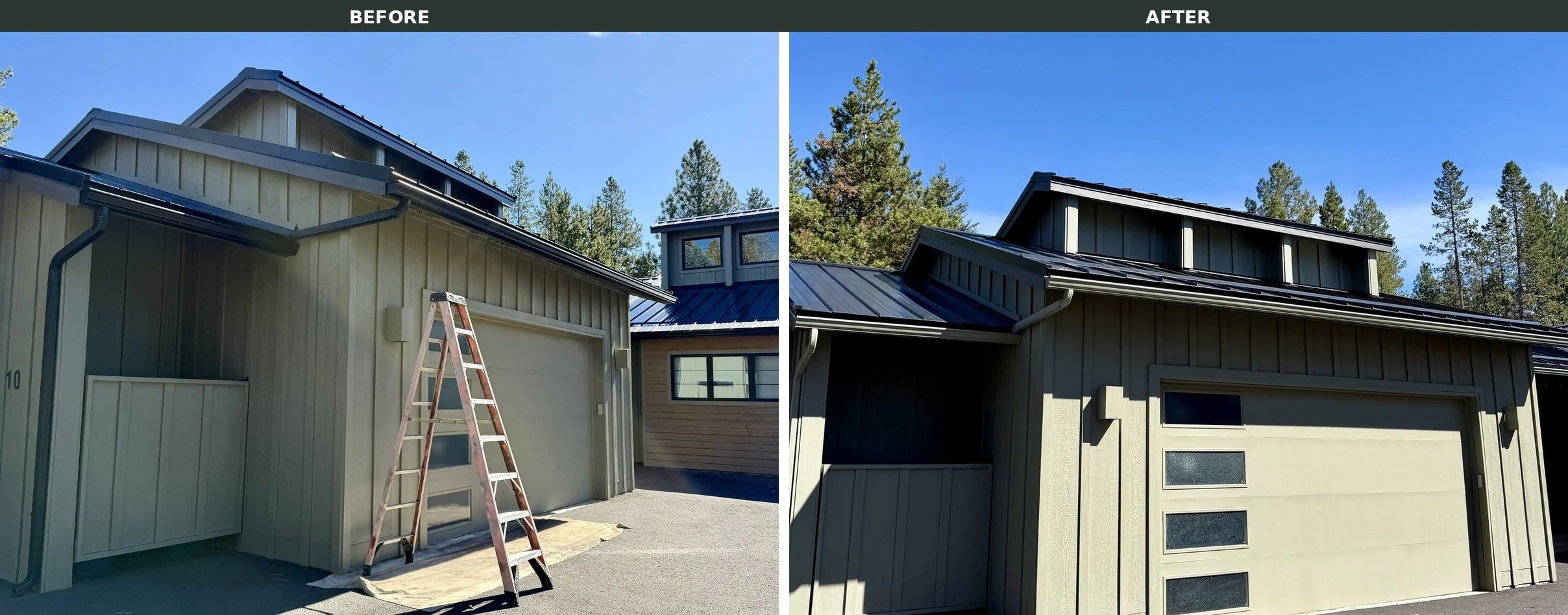 Before and after: Sunriver garage gutters and downspouts painted to match Connected Gray siding