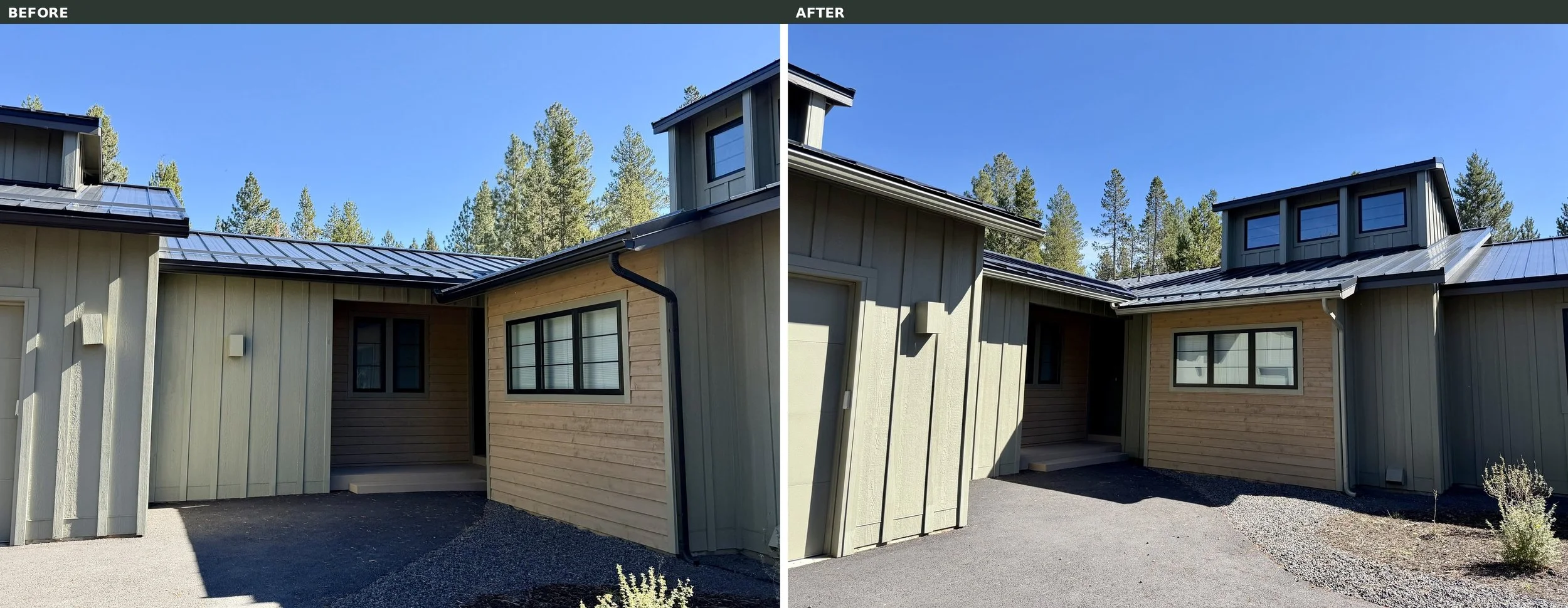 Before and after: Sunriver gutters and downspouts painted from black to Connected Gray to match the siding