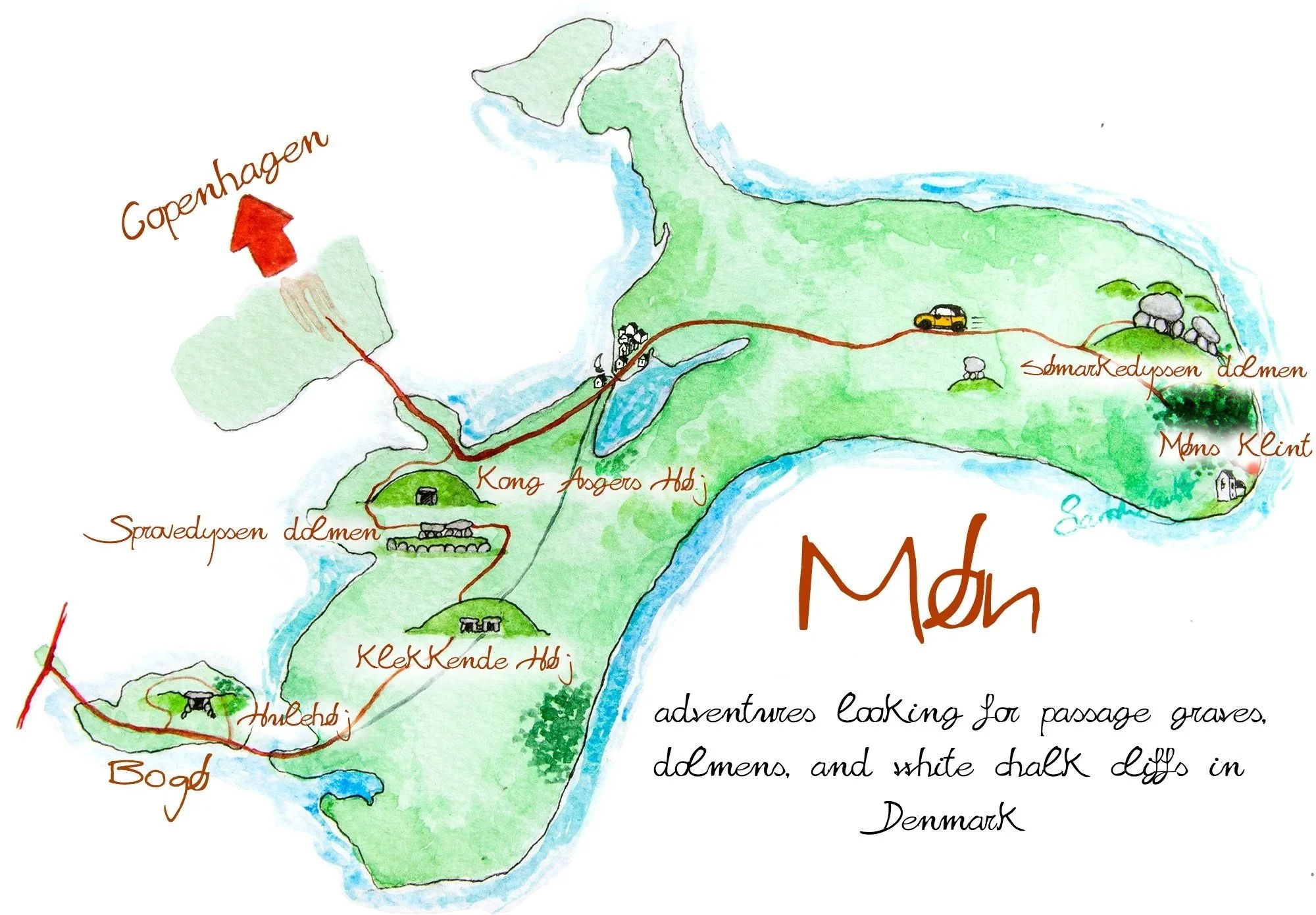 Illustrated travel map of journey around Møn, Denmark, watercolor, 2014