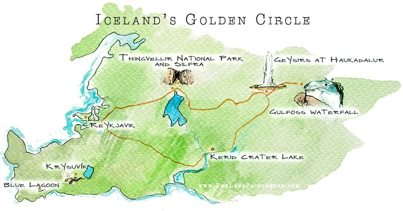 Iceland's Golden Circle illustrated travel map, watercolor, 2015