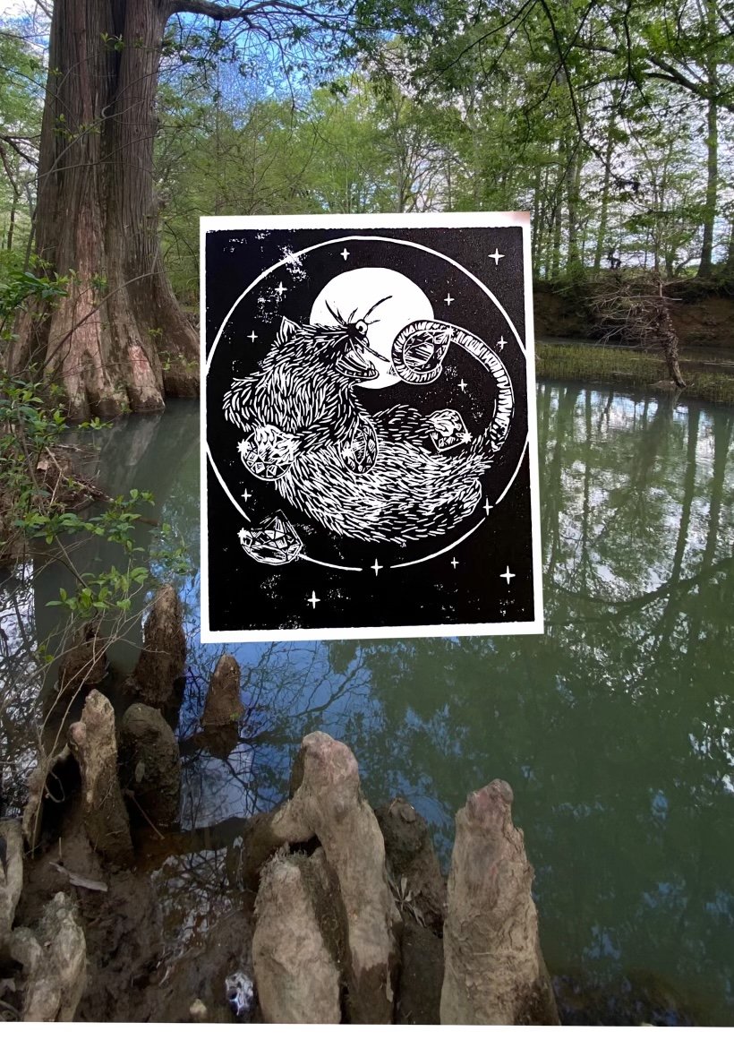 Opossum Linocut Print