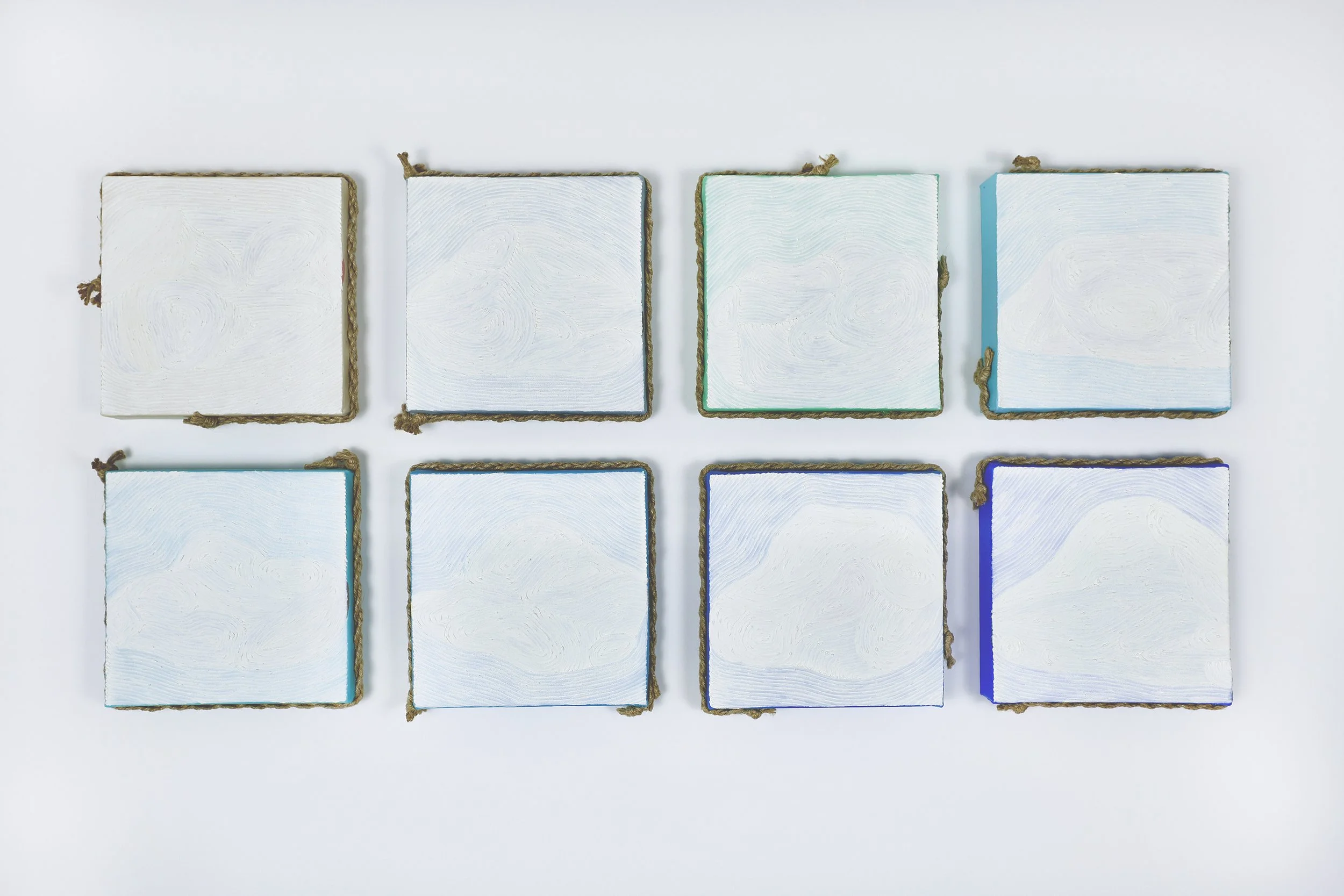 Grain Buds《療癒計畫——小滿》,
2025,
twisted rope (attached to side), oil and acrylic on canvas (8 pieces),
each 20 x 20 cm (7.87 x 7.87 in.)